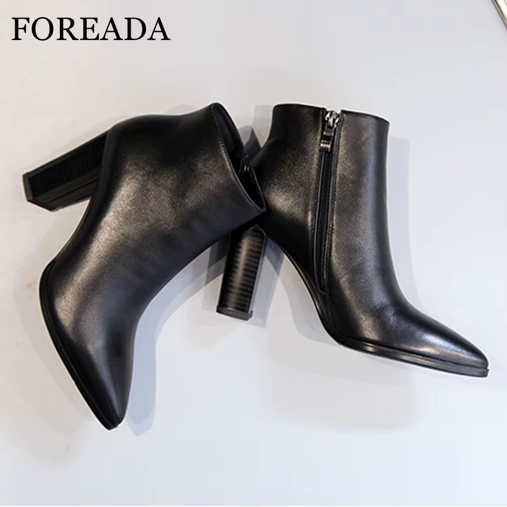 Natural Leather Ankle Boots Women Thick High Heel Boots Pointed Toe Genuine Leather Short Boots Zipper Sexy Ladies Shoes