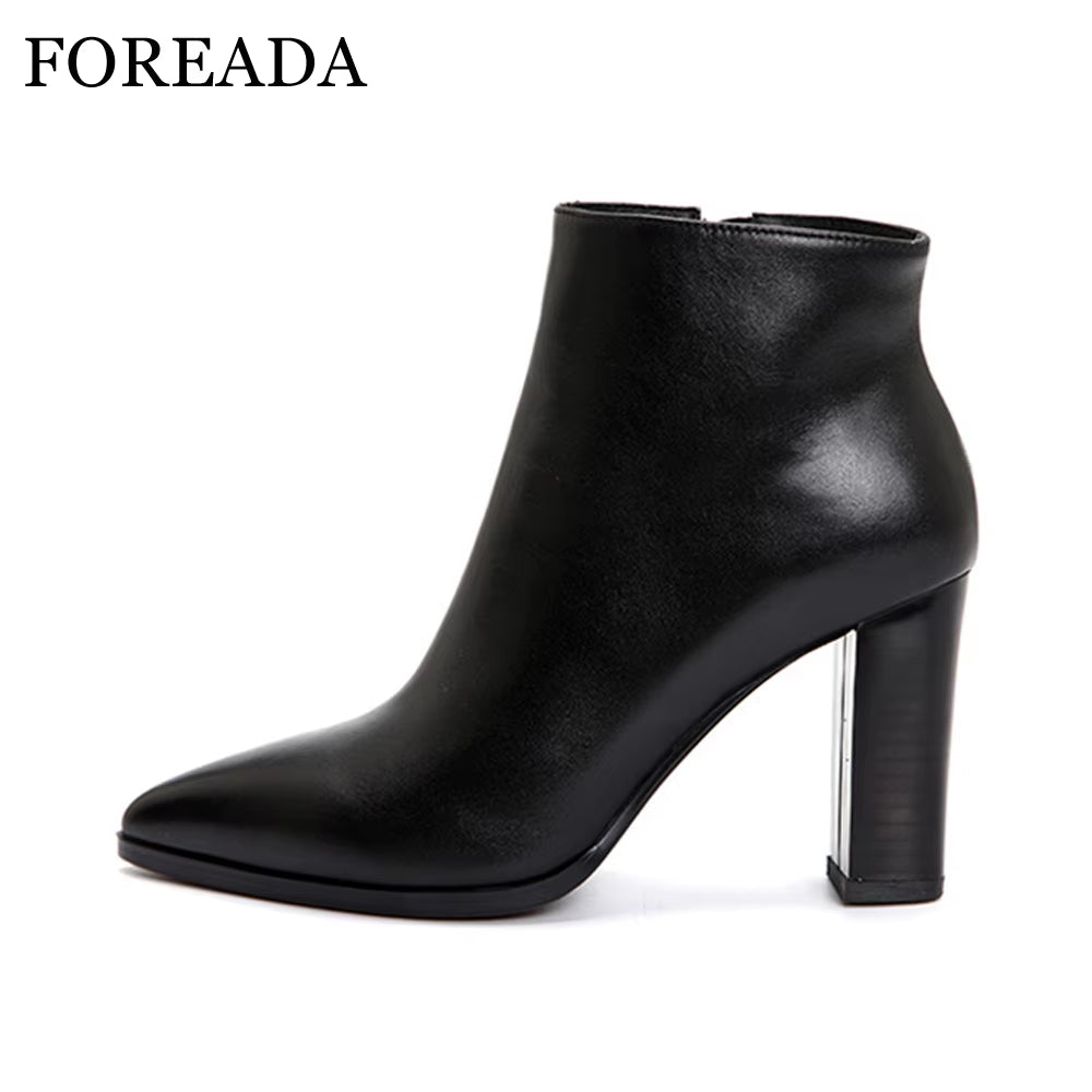 Natural Leather Ankle Boots Women Thick High Heel Boots Pointed Toe Genuine Leather Short Boots Zipper Sexy Ladies Shoes