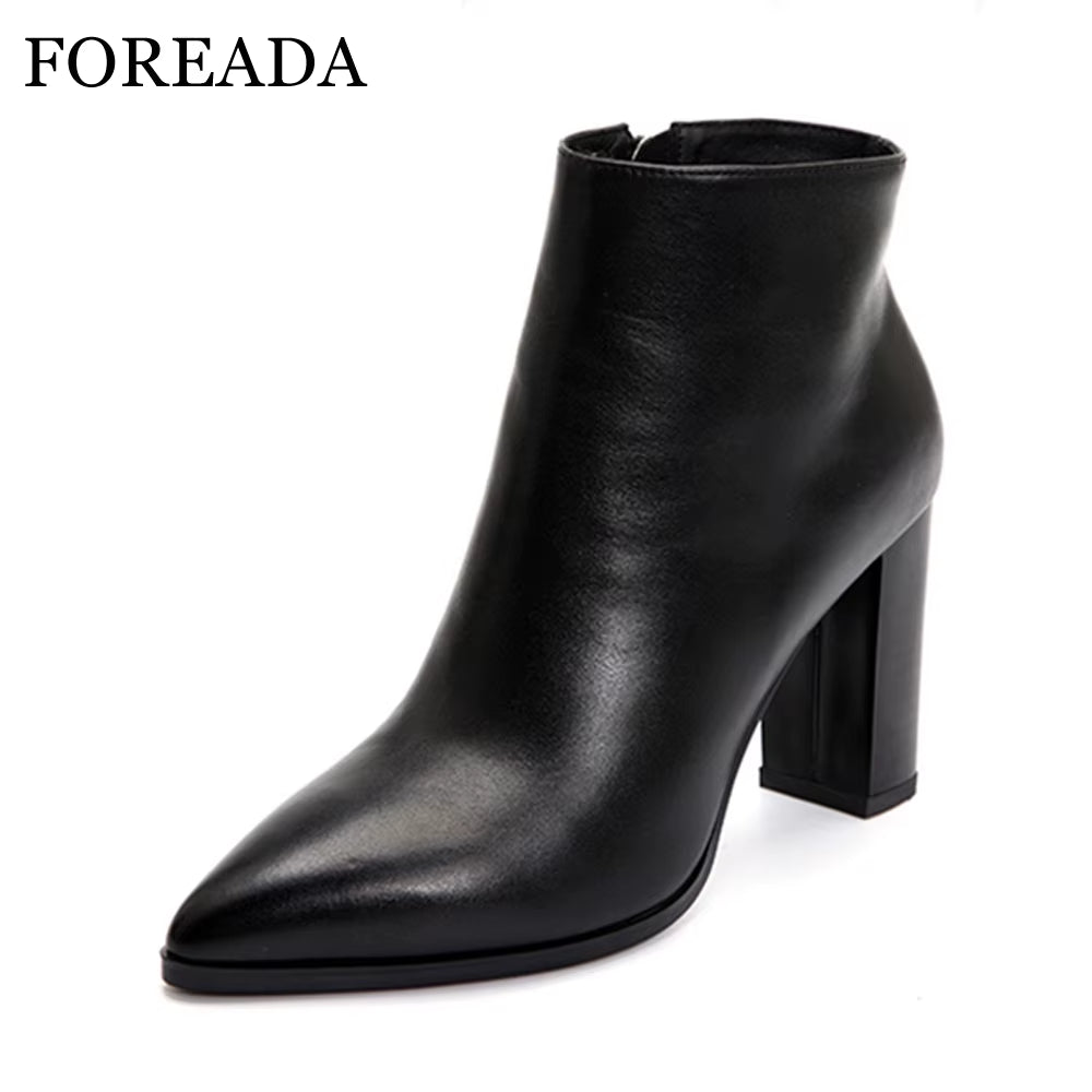 Natural Leather Ankle Boots Women Thick High Heel Boots Pointed Toe Genuine Leather Short Boots Zipper Sexy Ladies Shoes