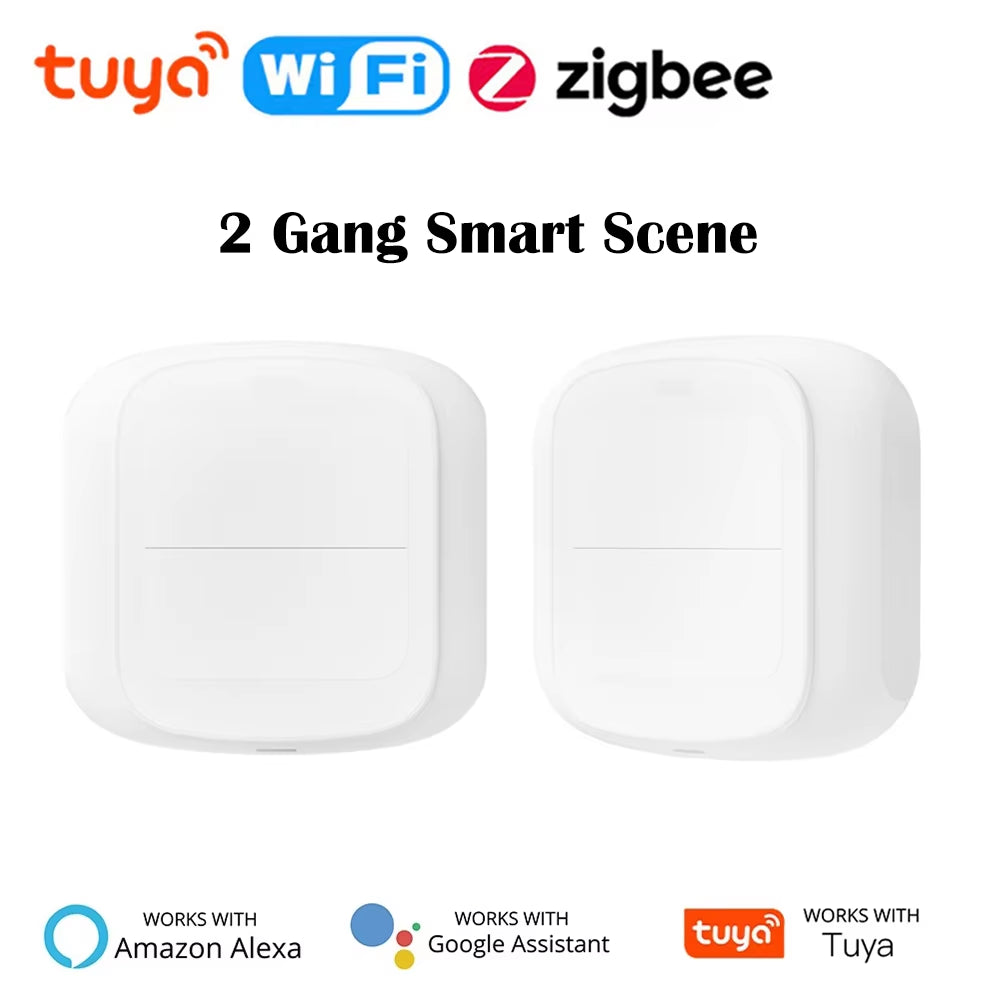 Front view of Tuya WiFi Zigbee 3.0 smart switch with "2 gang 6 scenes" text.