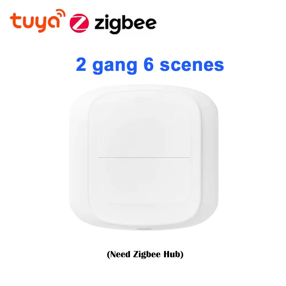 Front view of Tuya WiFi Zigbee 3.0 smart switch with "2 gang 6 scenes" text.