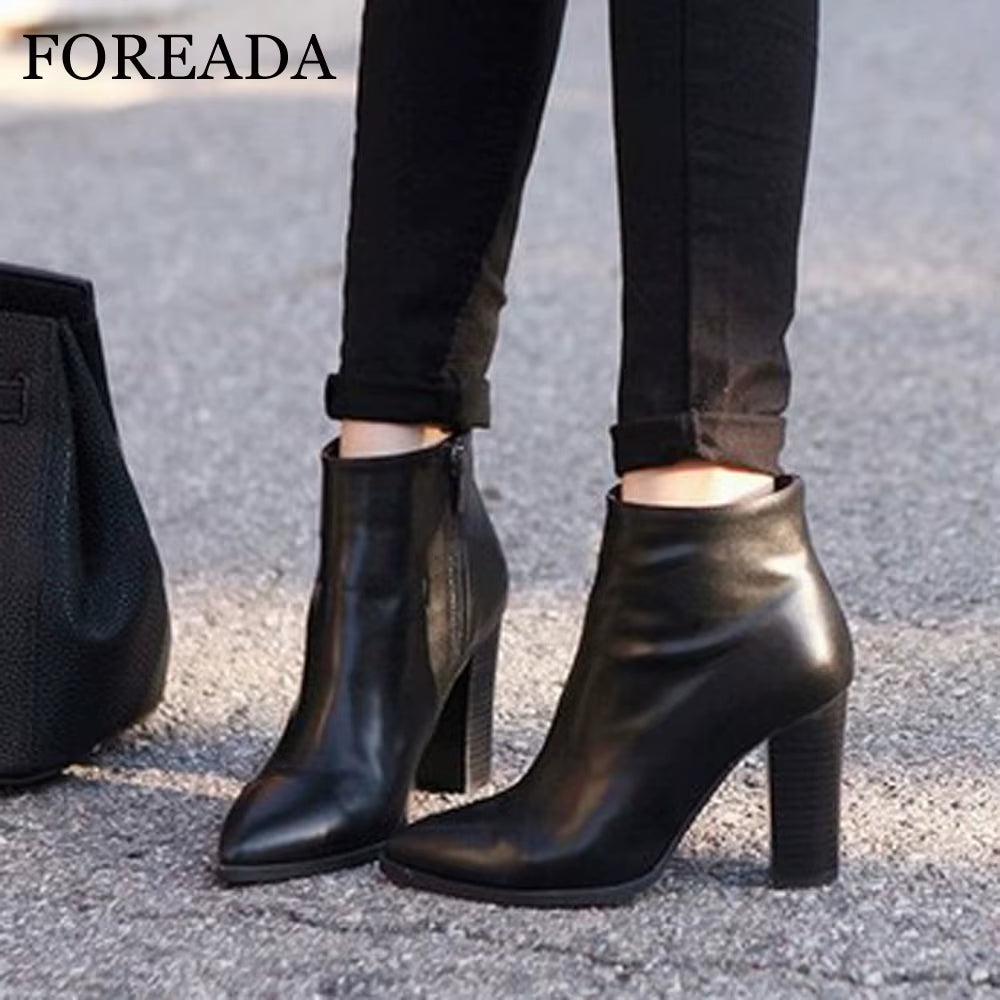 Natural Leather Ankle Boots Women Thick High Heel Boots Pointed Toe Genuine Leather Short Boots Zipper Sexy Ladies Shoes