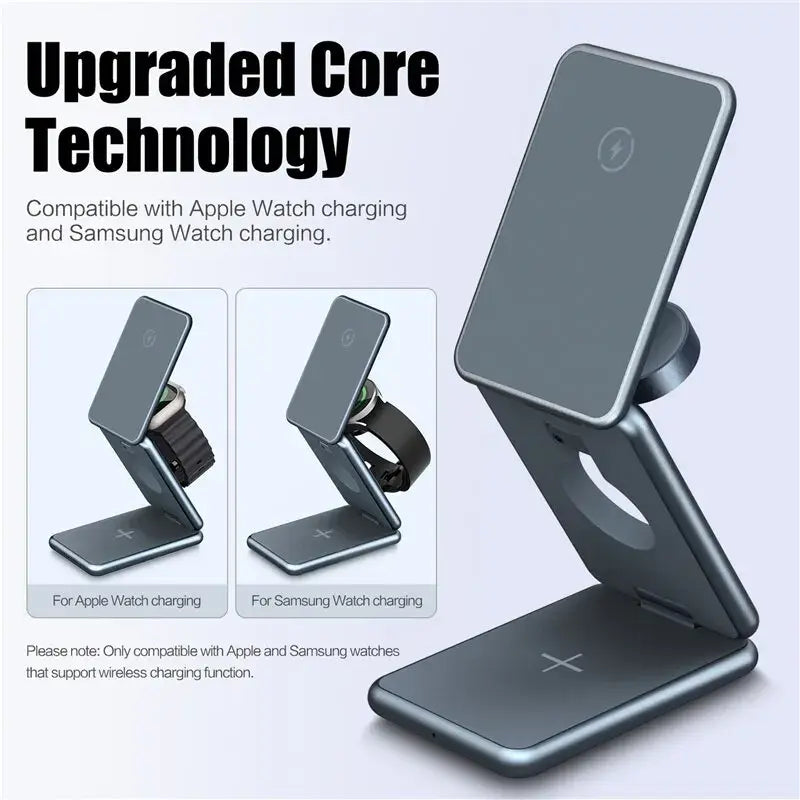 Magnetic Wireless Charging Stand – 3-in-1 Fast Charger