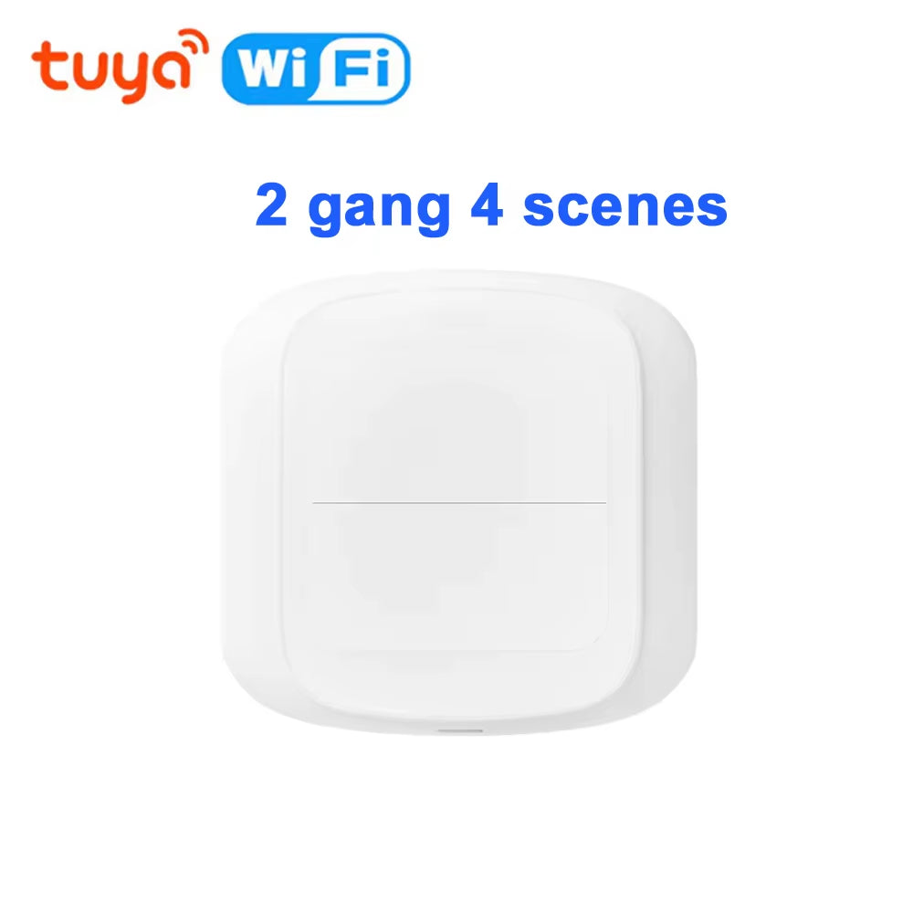 Front view of Tuya WiFi Zigbee 3.0 smart switch with "2 gang 6 scenes" text.