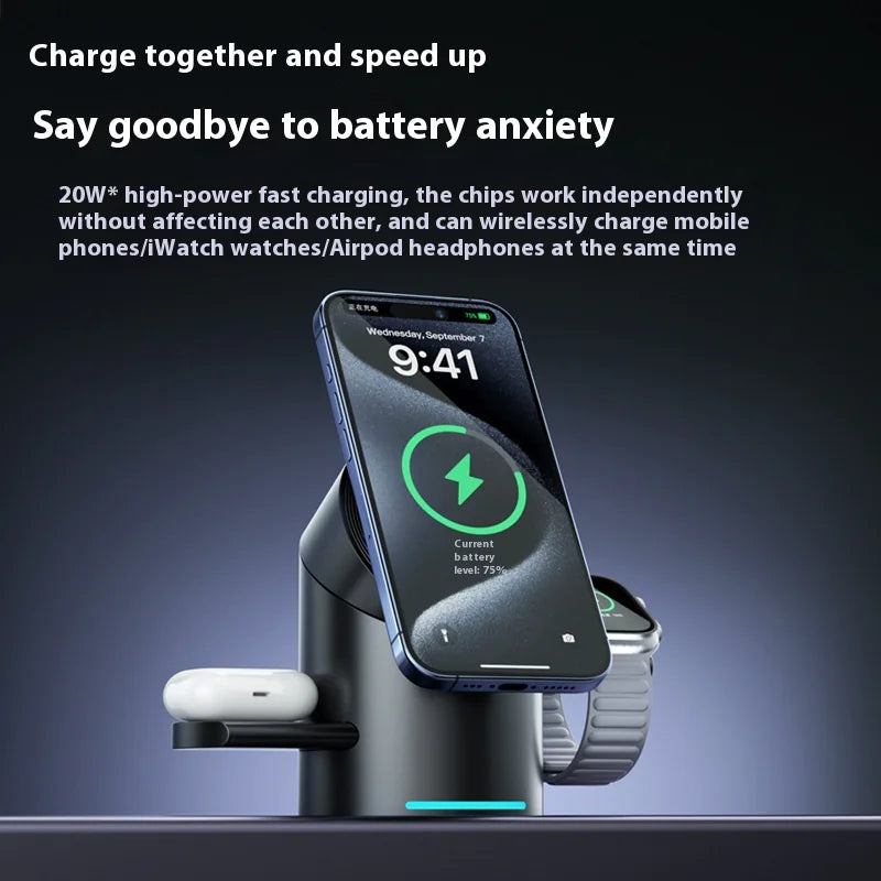 3-in-1 magnetic wireless charging stand with devices.
