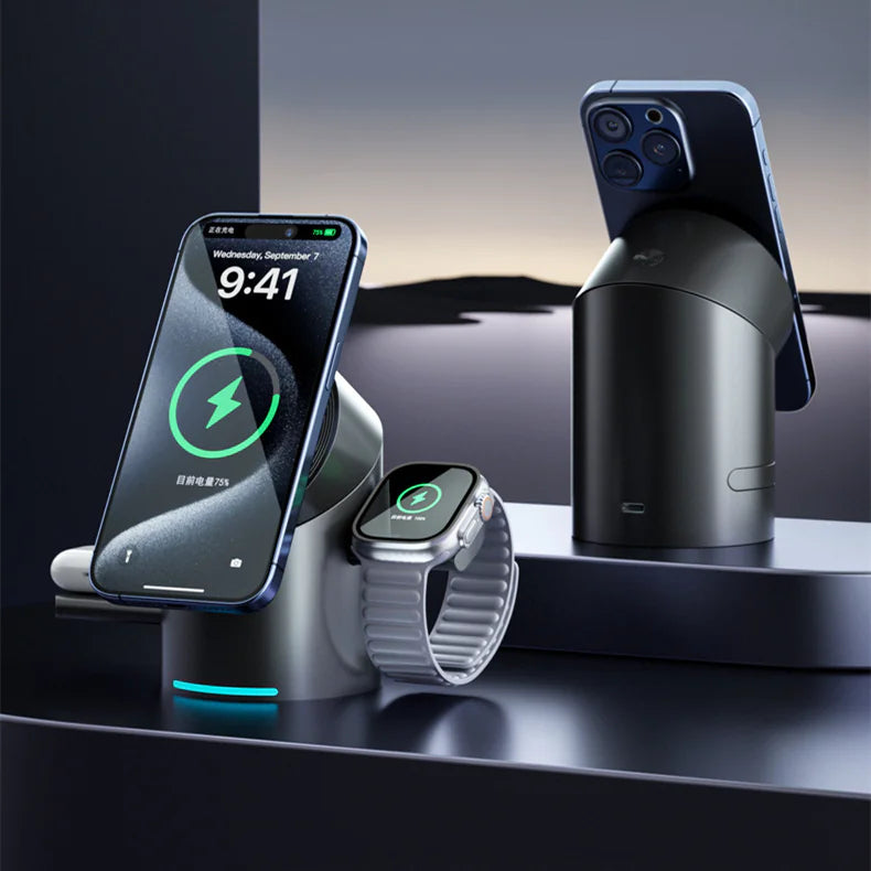 Sleek charging dock with phone, watch, and earbuds.