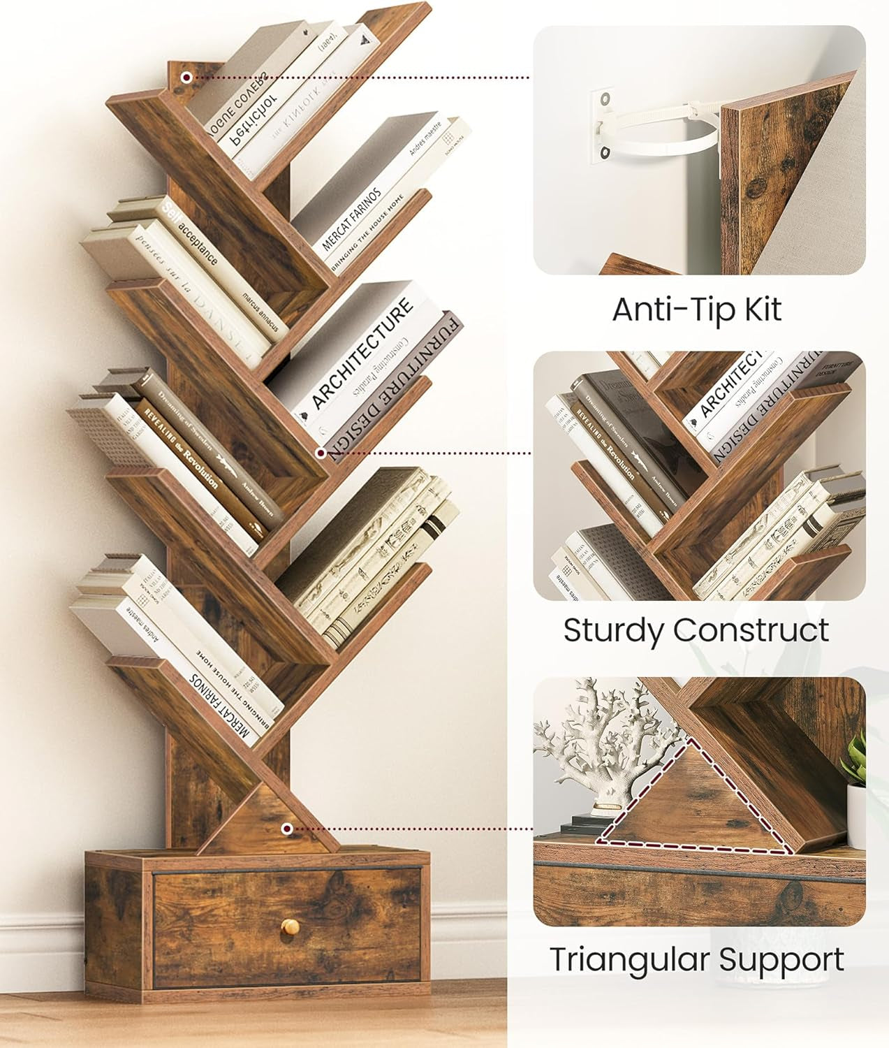 9 Tier Tree Book Shelf with Drawer, Floor Standing Bookshelf Storage