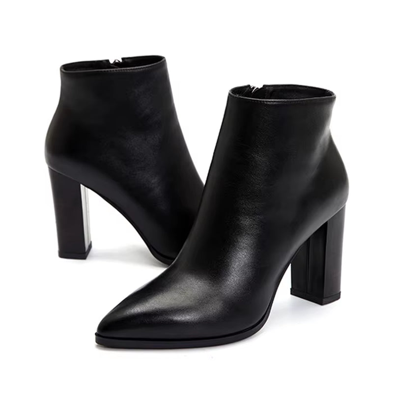 Natural Leather Ankle Boots Women Thick High Heel Boots Pointed Toe Genuine Leather Short Boots Zipper Sexy Ladies Shoes