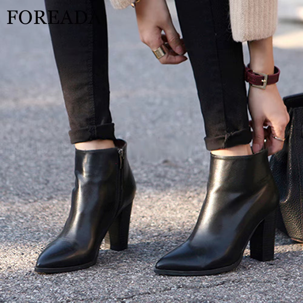 Natural Leather Ankle Boots Women Thick High Heel Boots Pointed Toe Genuine Leather Short Boots Zipper Sexy Ladies Shoes