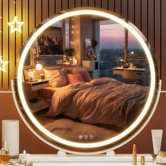 Smart touch control LED mirror with a stable base and 360° rotation for flexible use.